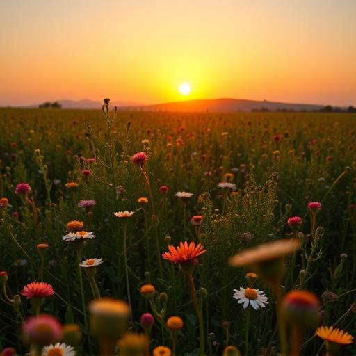 Campo fiorito in Umbria al sorgere del sole per un documentario sulla biodiversit&agrave;.