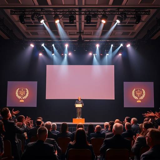 Cerimonia di premiazione con applausi e un palco illuminato per un evento aziendale.