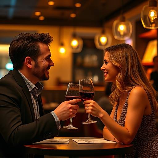 Coppia sorridente che brinda con un bicchiere di vino rosso in un ristorante chic per uno spot.