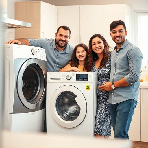 Famiglia felice che utilizza un nuovo elettrodomestico in una cucina luminosa per uno spot.