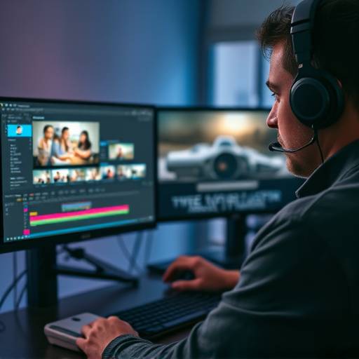 Professionista del montaggio video che lavora su un computer con software di editing