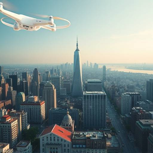 Riprese aeree di un paesaggio urbano con un drone in volo