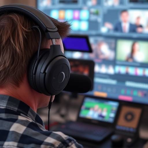 Ritratto di Luca Bianchi, montatore video, con cuffie attorno al collo e uno schermo di editing sullo sfondo.