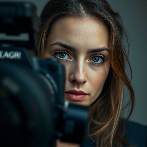 Ritratto di Sofia Rossi, direttrice della fotografia, con uno sguardo concentrato e un occhio alla cinepresa.