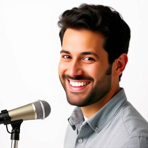 Ritratto professionale di Marco Valenti, produttore e co-fondatore, con un sorriso cordiale e un microfono in mano.