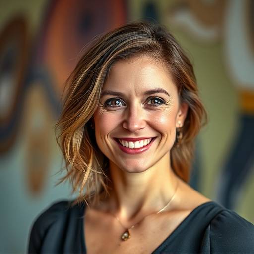 Ritratto sorridente di Elara Moretti, regista e co-fondatrice, con uno sfondo artistico sfocato.